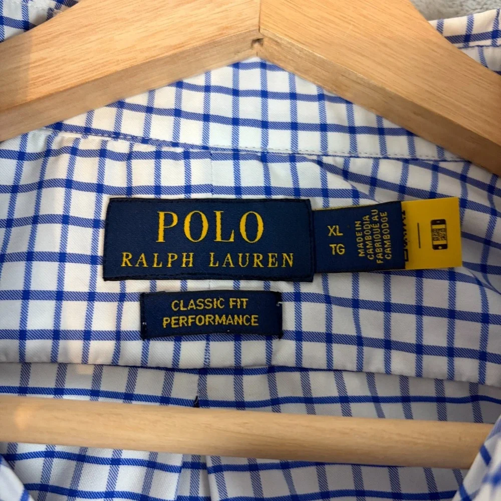 Polo Ralph Lauren Performance Button Down Shirt Mens XL Blue White Window Pane